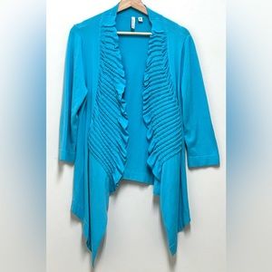 Beatrix Ost Light Blue Cardigan Sweater 3/4 Sleeves Ruffled Front Edges Size XL
